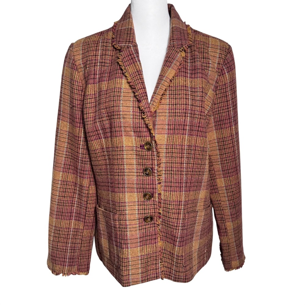 COLDWATER CREEK Women's 18 Plaid Wool Blend Fringe Trim Blazer Jacket Pockets
